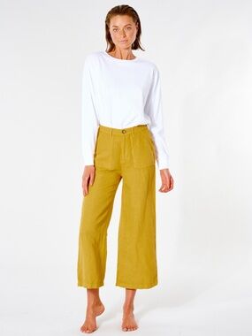 RIP CURL summer breeze linen blend pant cropped mustard yellow wide leg size M